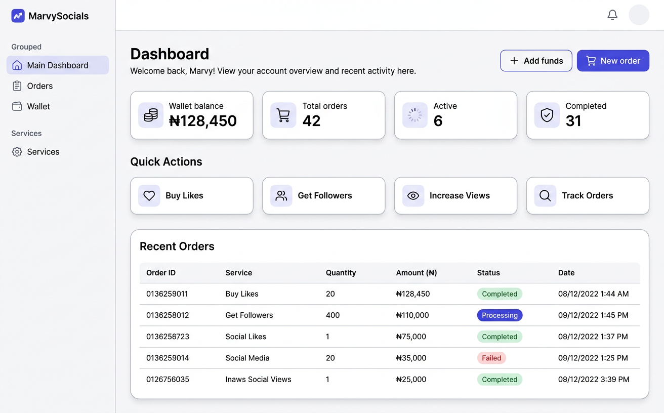 MarvySocials customer dashboard showing wallet, orders and quick actions.